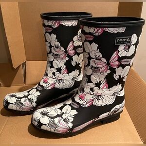 Roma Women's Black Floral Rain Boots
